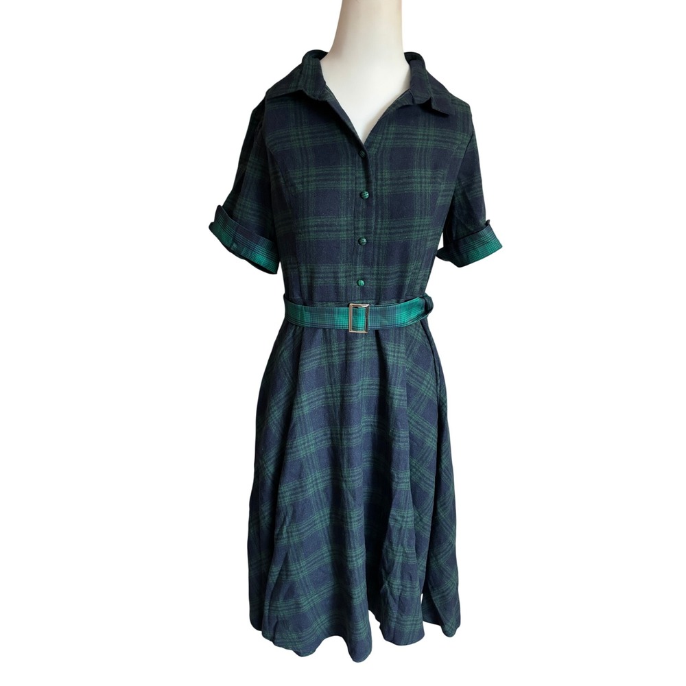 Vintage Style Green Navy Plaid Belted Shirt Dress Cotton Blend Short Sleeve